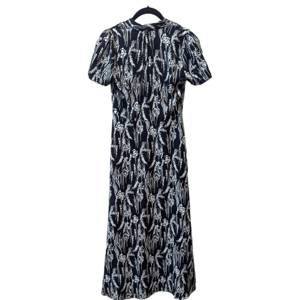 Equipment Gaetan White Floral on Black Button Front Tea Length Dress (0) - Picture 3 of 6